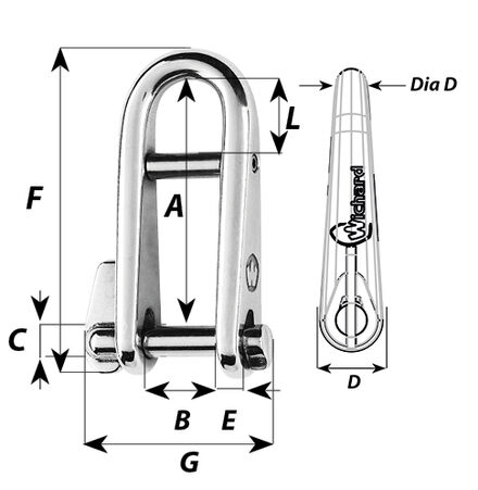 Wichard Shackle with retaining bar with Dimension Layout